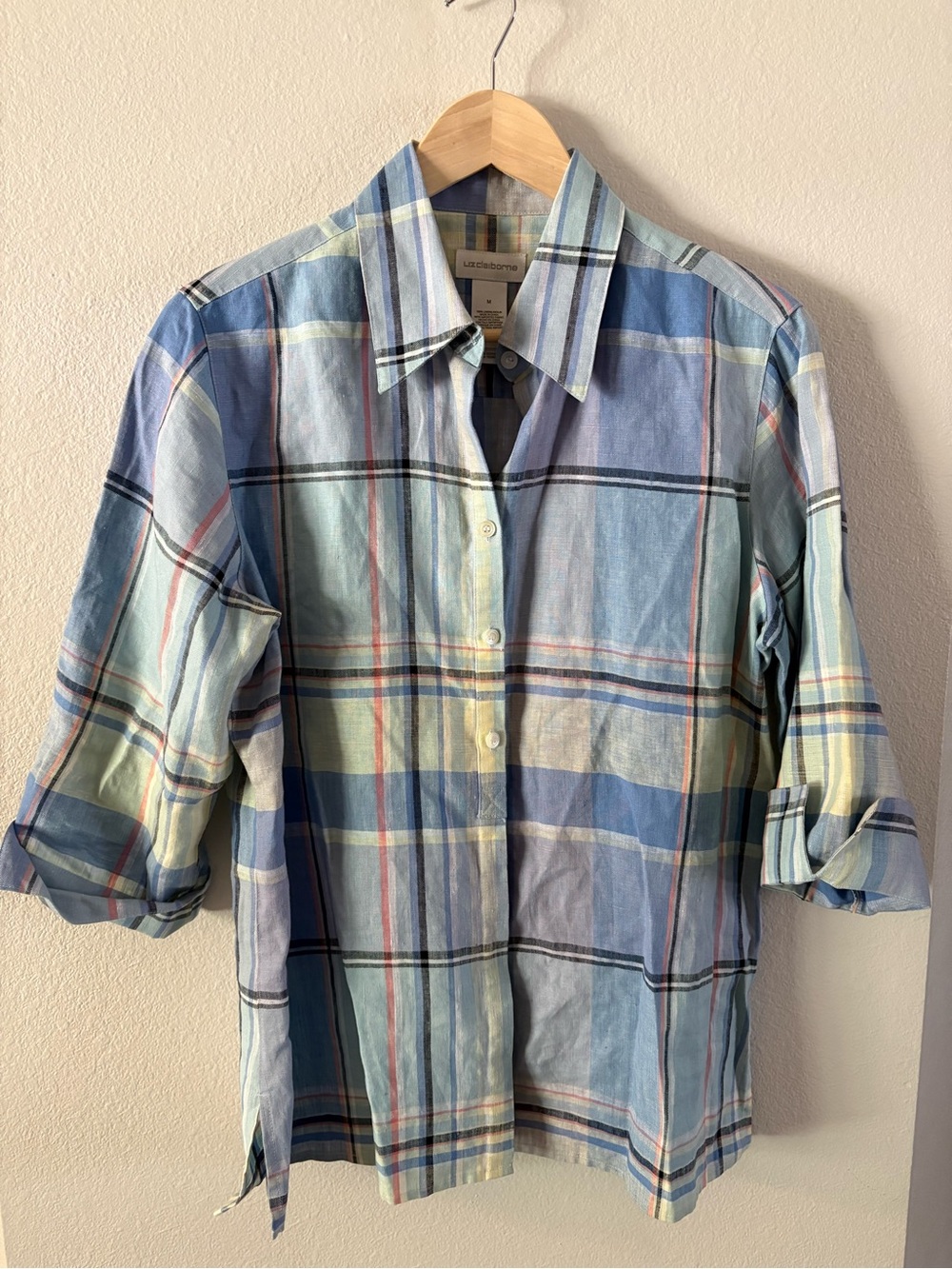 Cottagecore Coastal Linen Plaid Shirt Liz Claiborne M